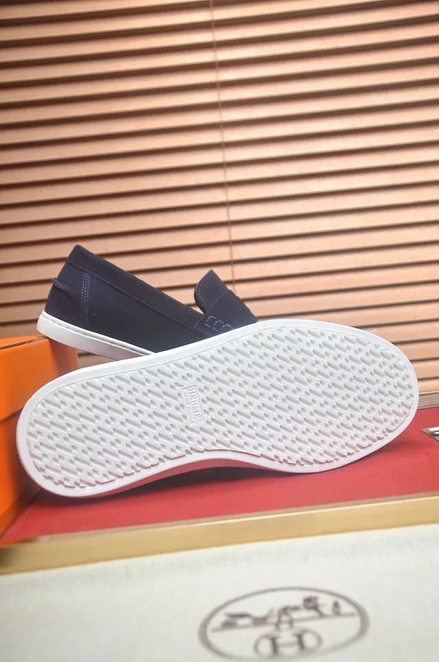 Hermès Daim Marine Blanc Bride en forme de H Mocassin 7