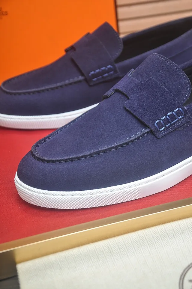 Hermès Daim Marine Blanc Bride en forme de H Mocassin 8