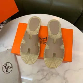 Hermès Oran Beige Leather and Jute Espadrille Slippers