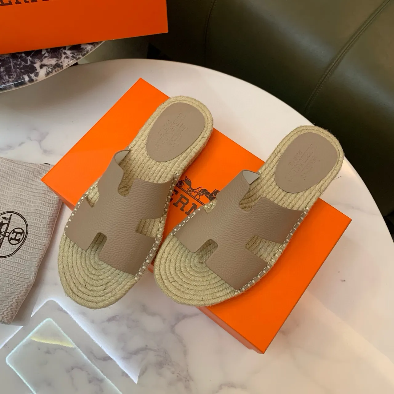 Hermès Oran Beige Leather and Jute Espadrille Slippers 2
