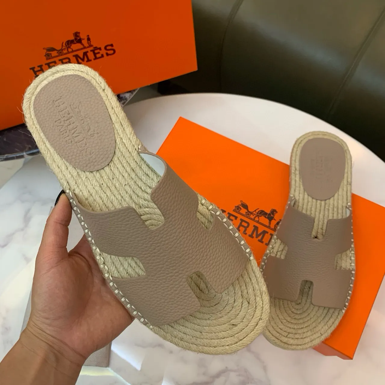 Hermès Oran Beige Leather and Jute Espadrille Slippers 3