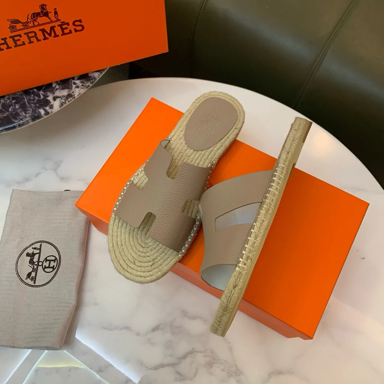 Hermès Oran Beige Leather and Jute Espadrille Slippers 4