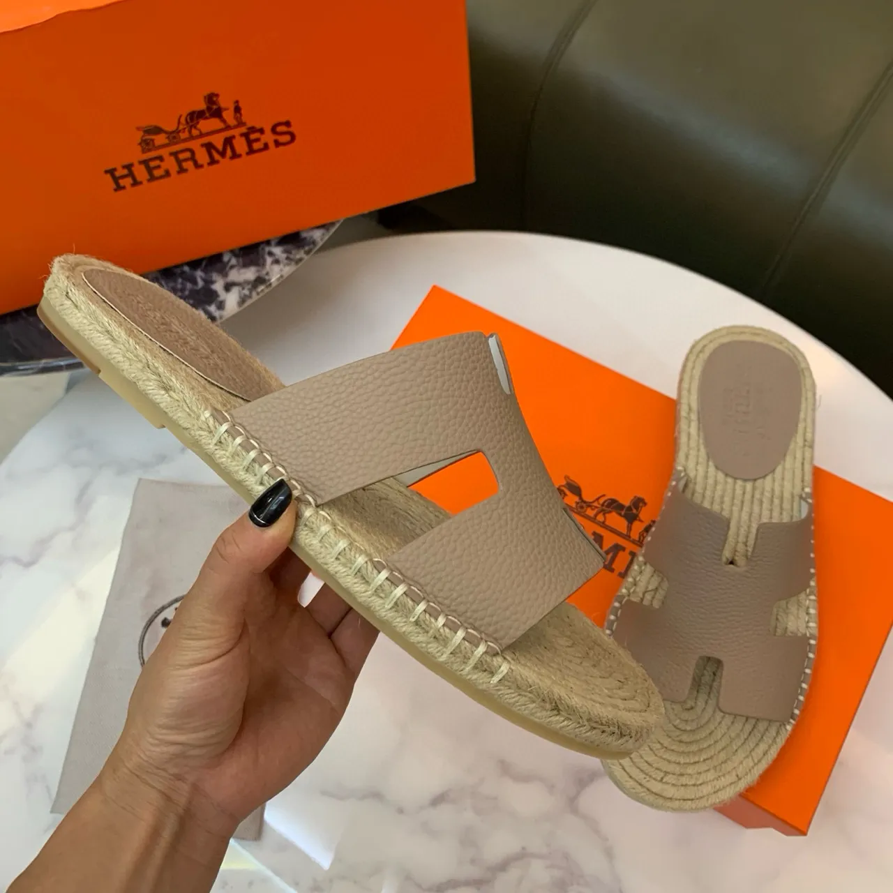 Hermès Oran Beige Leather and Jute Espadrille Slippers 5