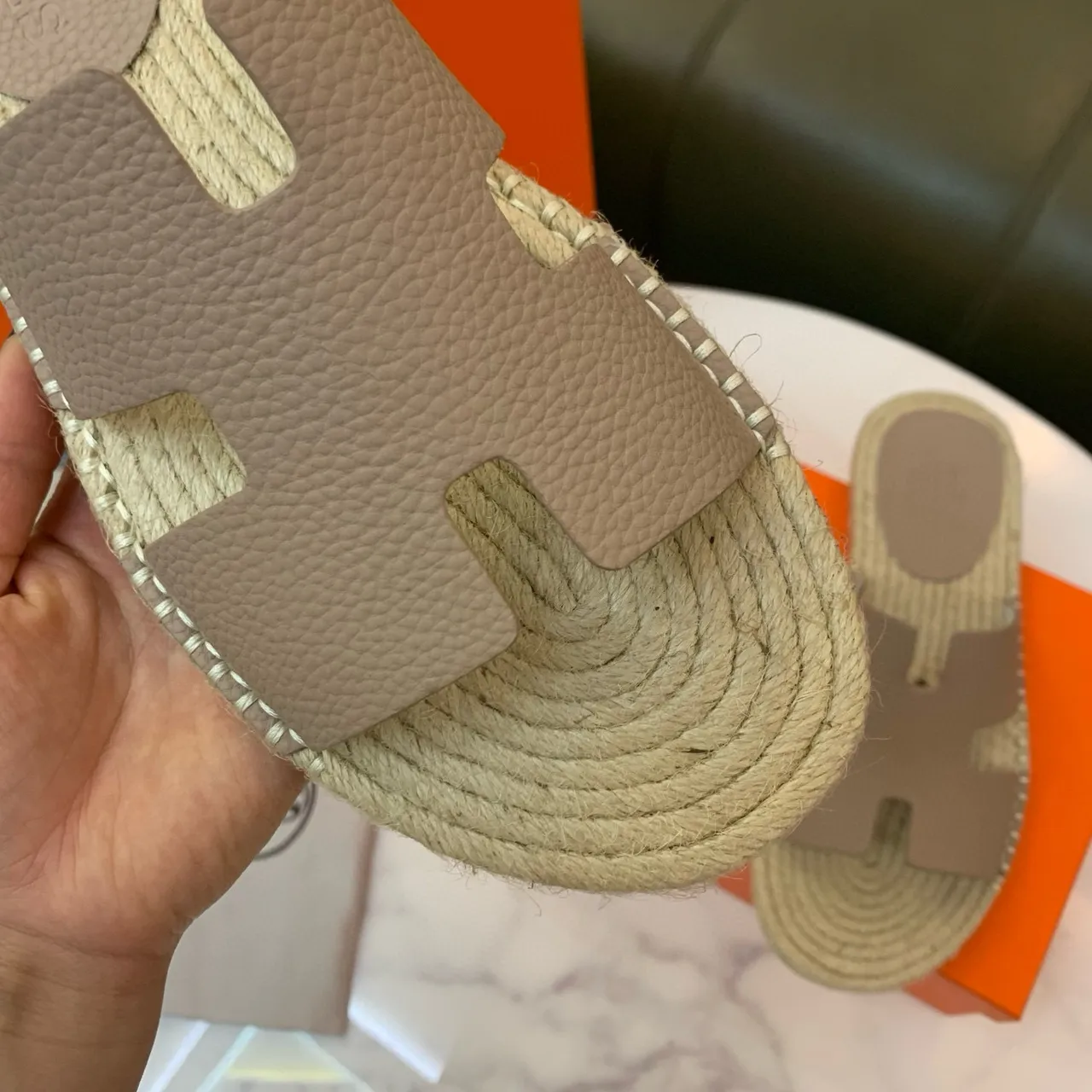 Hermès Oran Beige Leather and Jute Espadrille Slippers 6