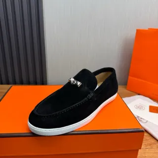 Hermès Oran Black White Suede Rubber Sole Loafer