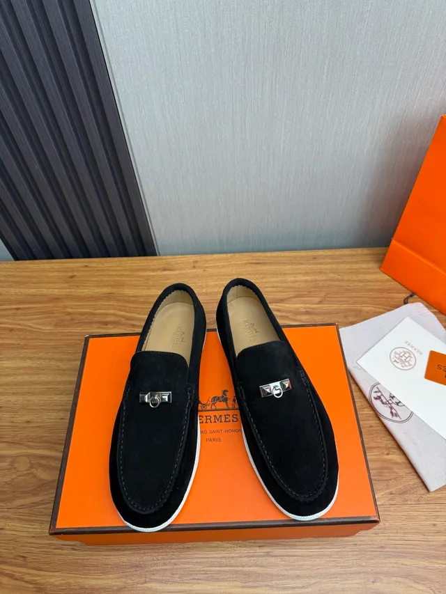 Hermès Oran Black White Suede Rubber Sole Loafer 2