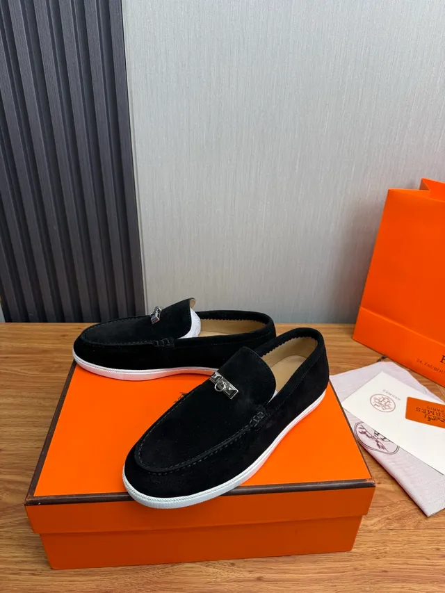 Hermès Oran Black White Suede Rubber Sole Loafer 3