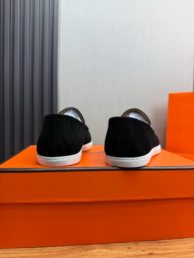 Hermès Oran Black White Suede Rubber Sole Loafer 4