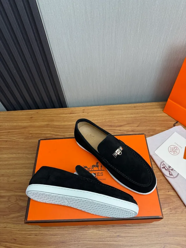 Hermès Oran Black White Suede Rubber Sole Loafer 5