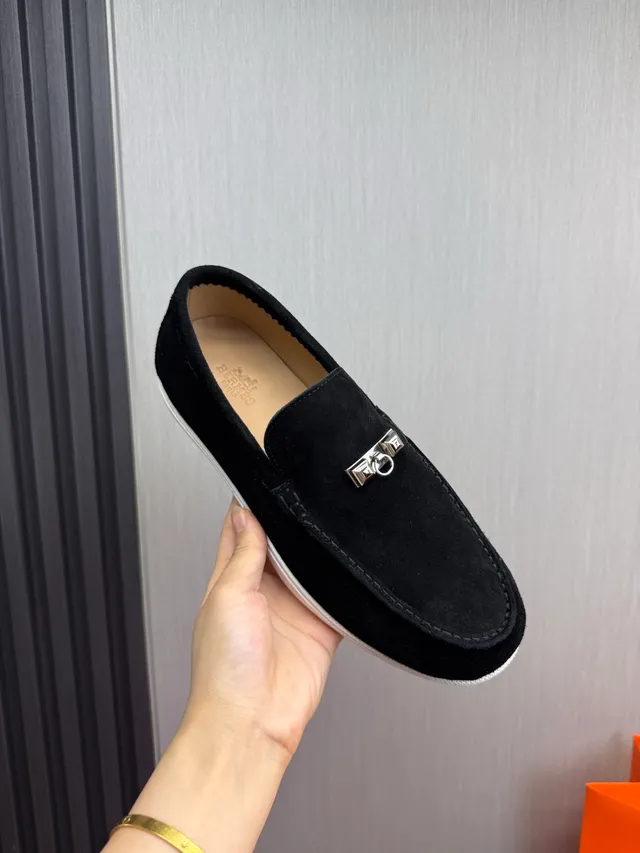 Hermès Oran Black White Suede Rubber Sole Loafer 7