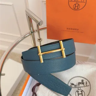 Hermès Oran Blue Gold Pebbled T-Bar Buckle Leather Belt