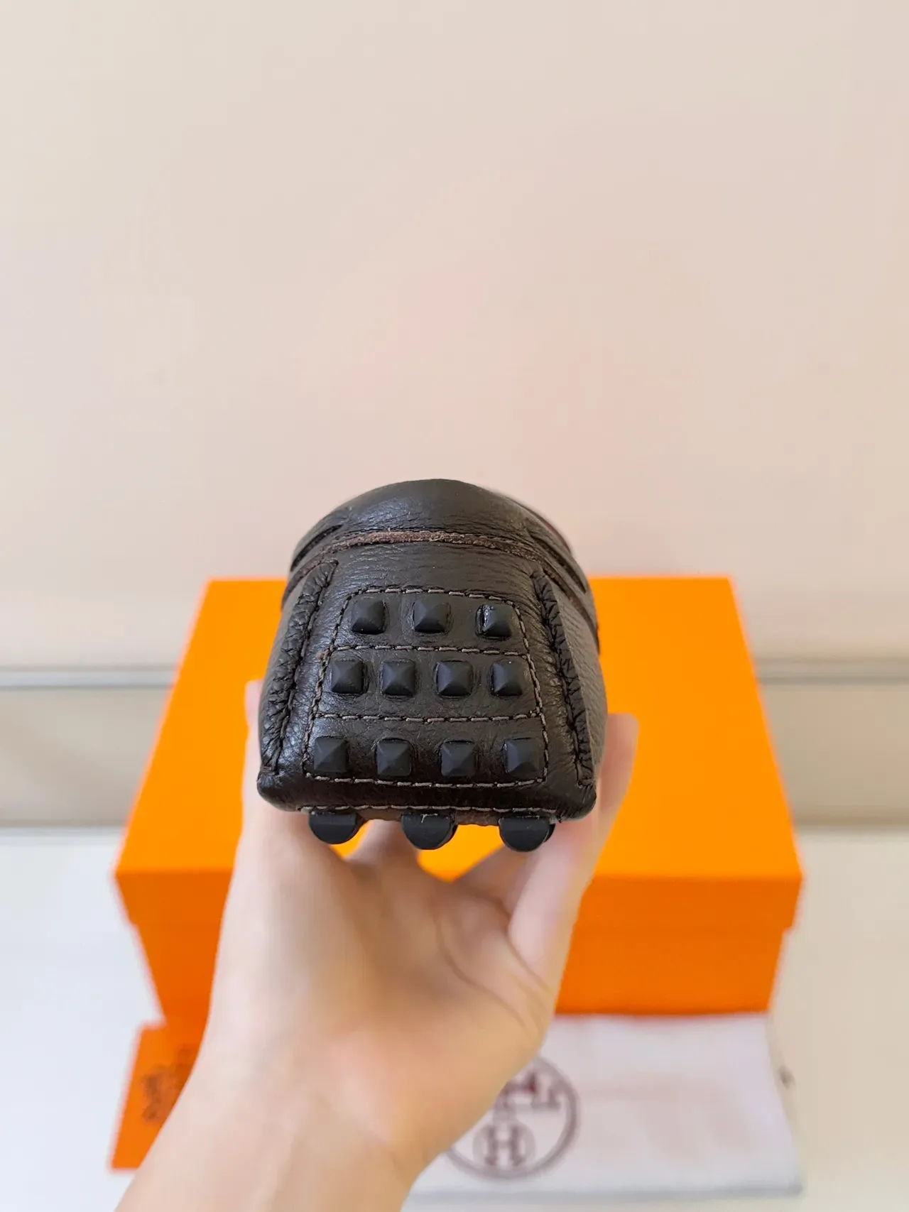 Hermès Oran Marrom Laranja Couro granulado Tira com fivela H Mocassim 4