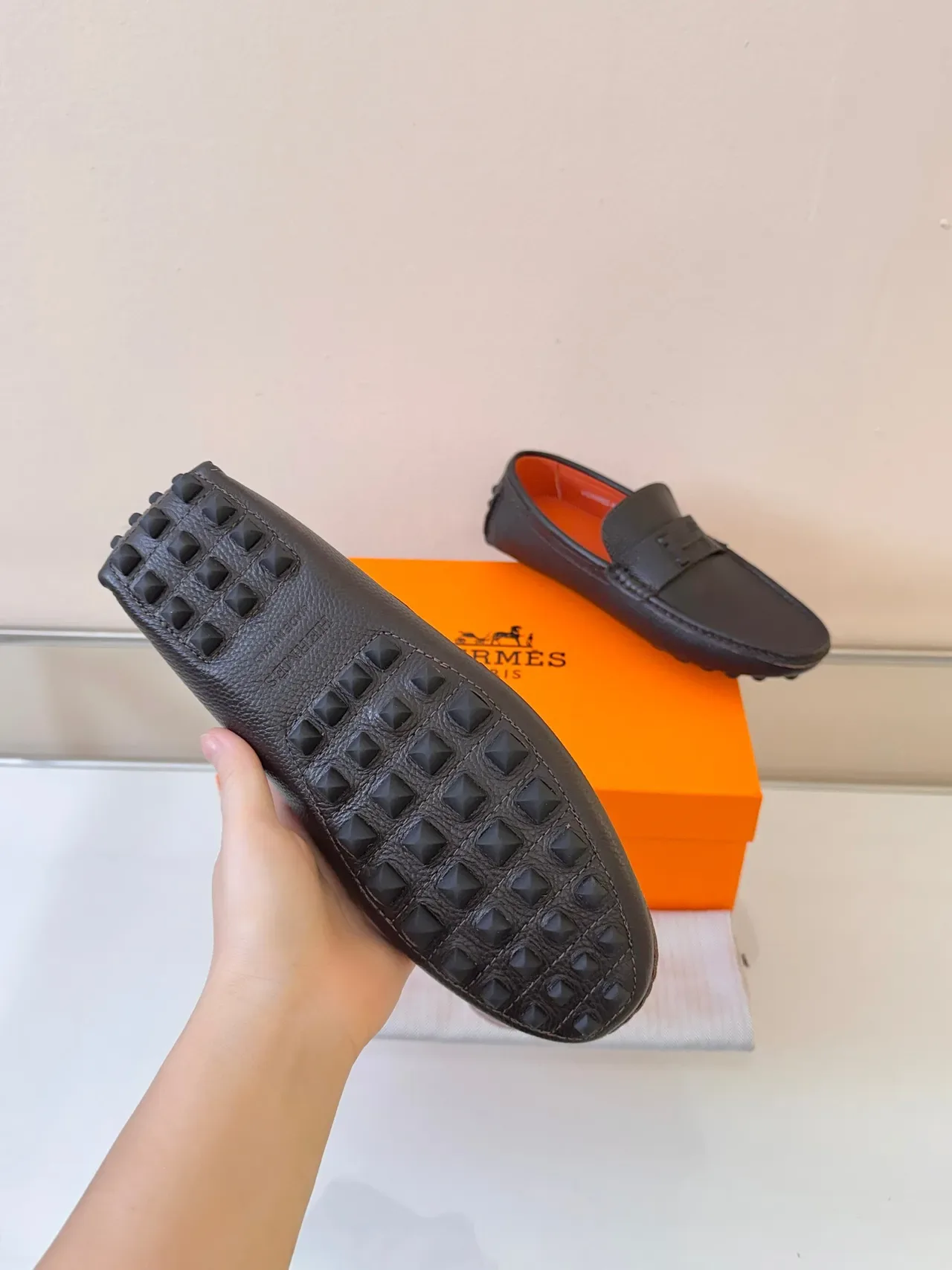 Hermès Oran Marrom Laranja Couro granulado Tira com fivela H Mocassim 5