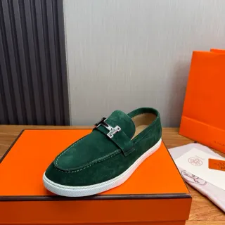 Hermès Oran Green White Suede Upper H-Buckle Strap Loafer