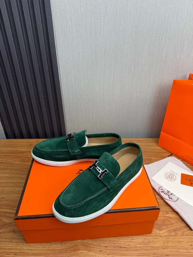 Hermès Oran Vert Blanc Daim Supérieur sangle à boucle H Mocassin 3