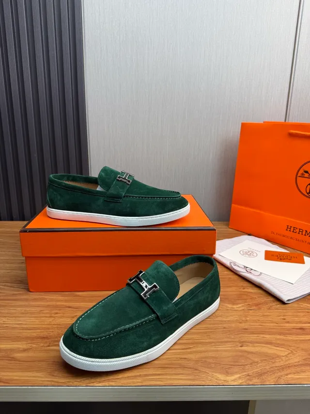 Hermès Oran Vert Blanc Daim Supérieur sangle à boucle H Mocassin 4