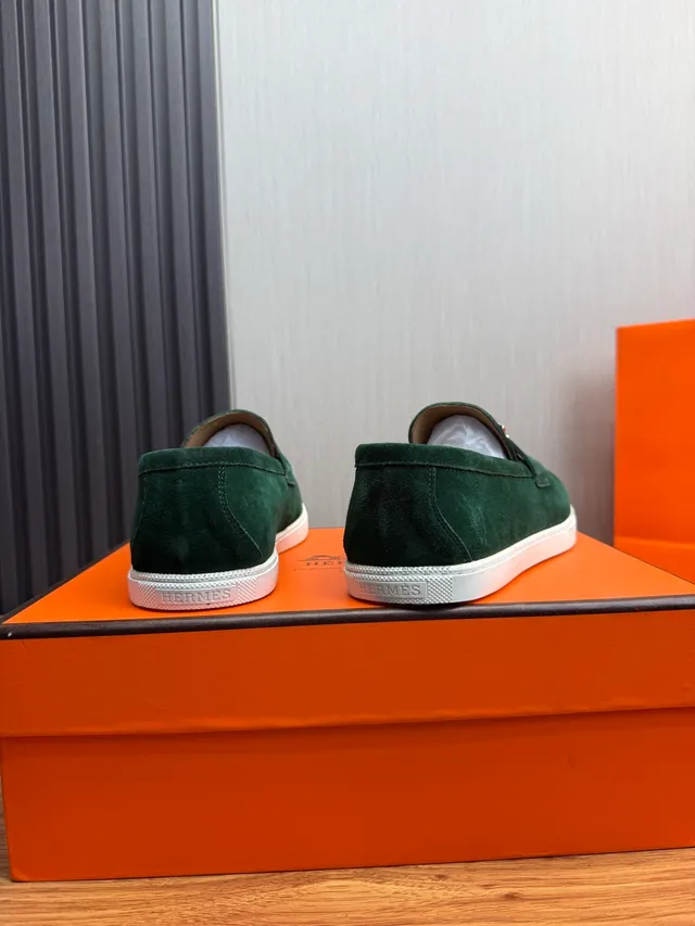Hermès Oran Vert Blanc Daim Supérieur sangle à boucle H Mocassin 5