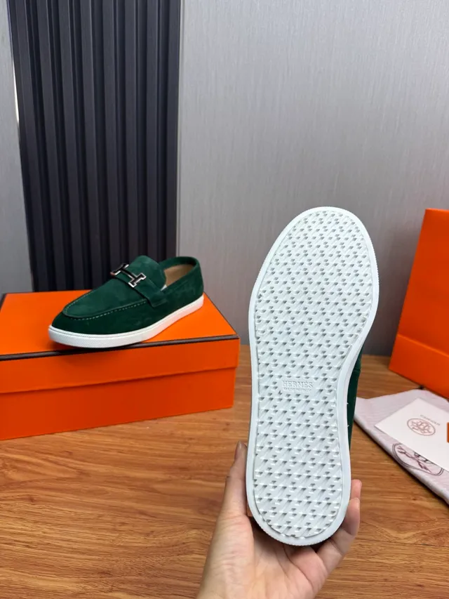Hermès Oran Vert Blanc Daim Supérieur sangle à boucle H Mocassin 9