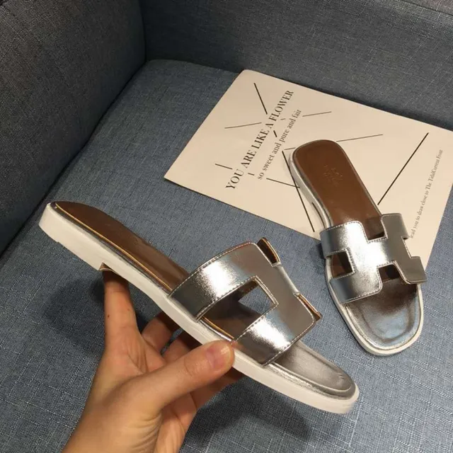 Hermès Oran H-Strap Metallic Silver and Black Slippers 2