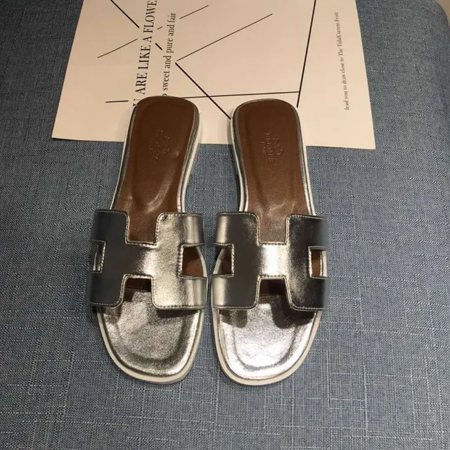 Hermès Oran H-Strap Metallic Silver and Black Slippers 4