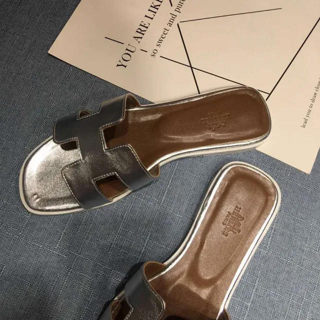 Hermès Oran H-Strap Metallic Silver and Black Slippers 5