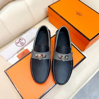 Hermès Oran Mocasín Negro y Gris de Cuero