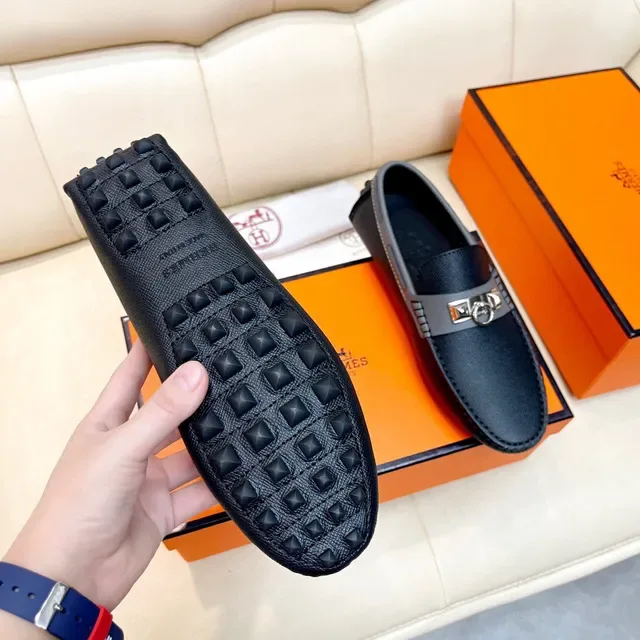 Hermès Oran Mocassin Noir et Gris en Cuir 2