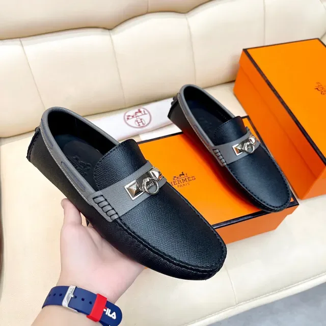 Hermès Oran Mocassin Noir et Gris en Cuir 6