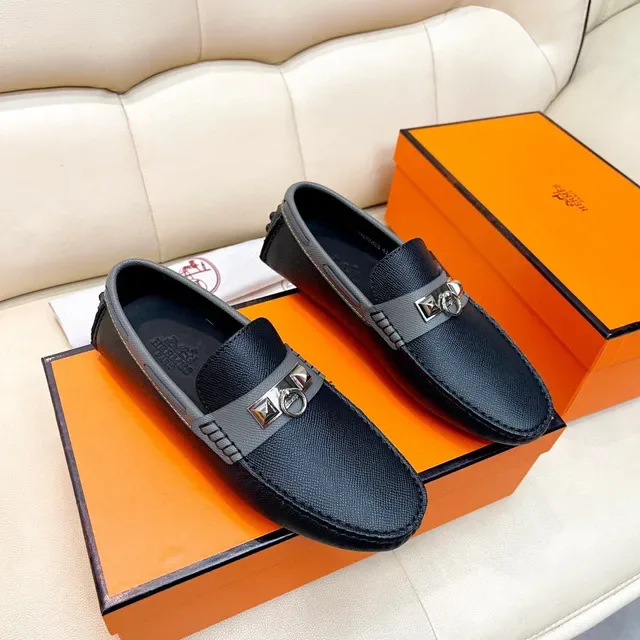 Hermès Oran Mocassin Noir et Gris en Cuir 7