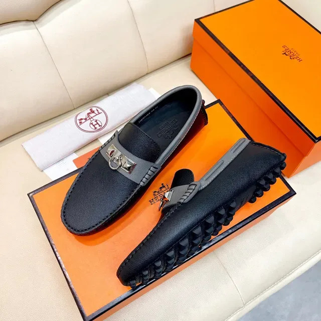 Hermès Oran Mocassin Noir et Gris en Cuir 8