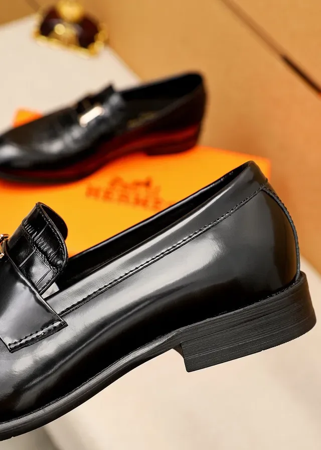 Hermès Oran Loafer Black Croc-Embossed Leather H-Buckle Loafers 7