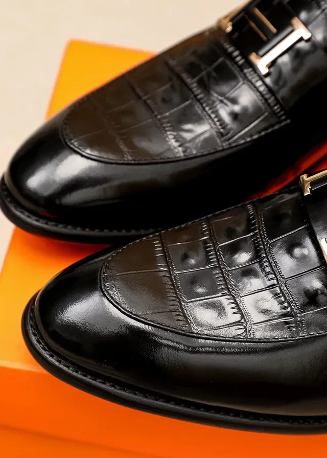 Hermès Oran Loafer Black Croc-Embossed Leather H-Buckle Loafers 8