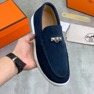 Hermès Oran Navy White Suede Metal H-Buckle Hardware Loafer