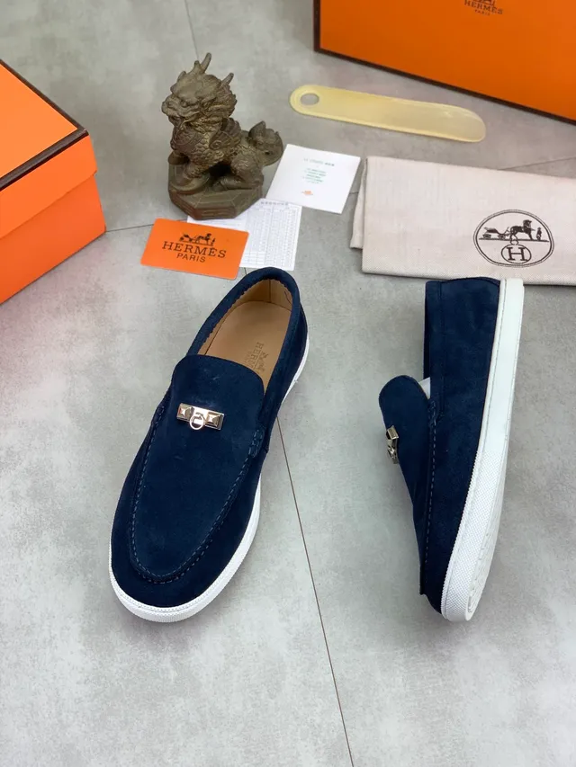 Hermès Oran Loafer daim navy blanc boucle H métallique hardware 5