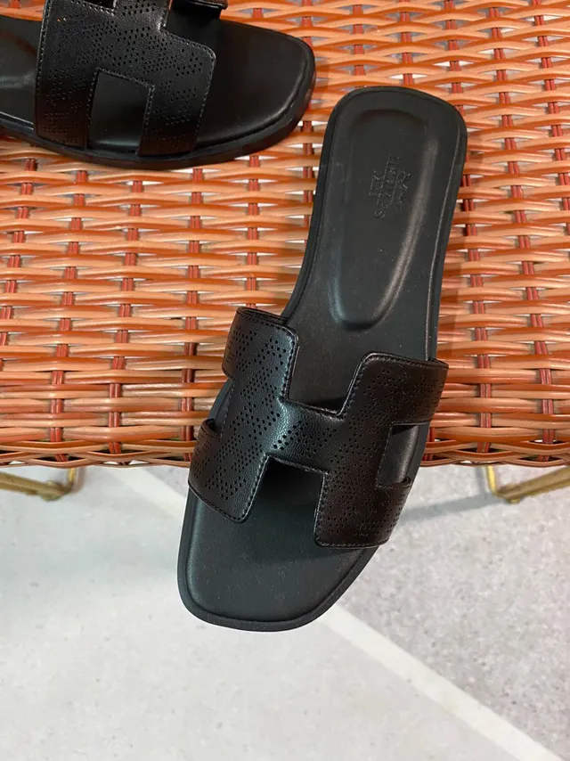 Hermès Oran Perforated H-Strap Black Leather Slippers 4