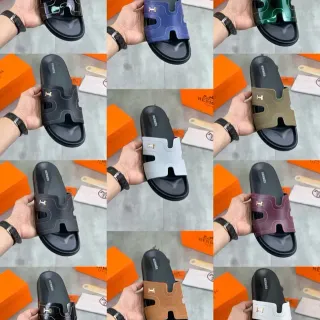 Hermès Oran Slide Sandálias de Couro Patent Preto