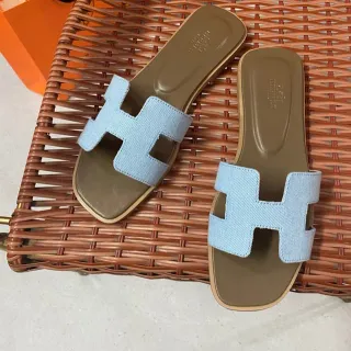 Hermès Oran Slide Light Blue Denim Strap Slippers