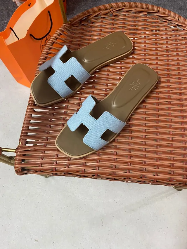 Hermès Oran Slide Light Blue Denim Strap Slippers 2