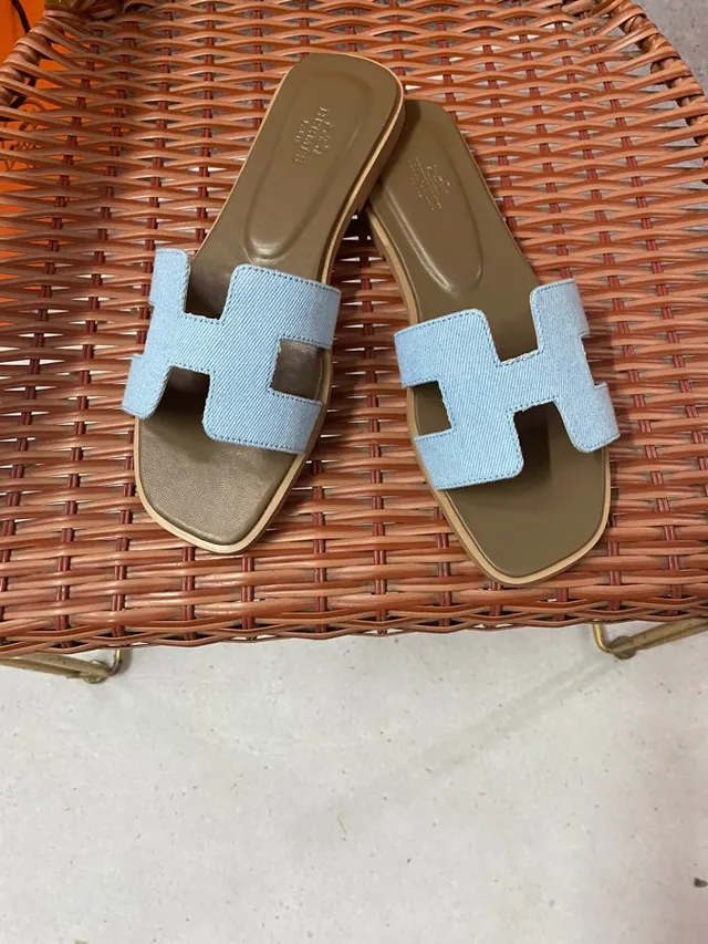 Hermès Oran Slide Light Blue Denim Strap Slippers 3