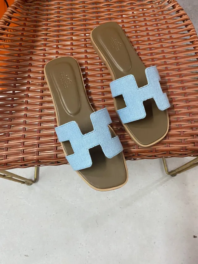 Hermès Oran Slide Light Blue Denim Strap Slippers 6