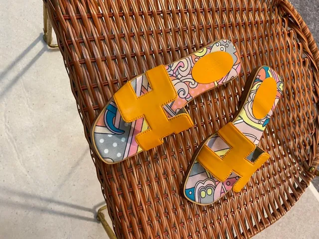 Hermès Orange Multicolor H-Strap Leather Printed Canvas Slippers 2