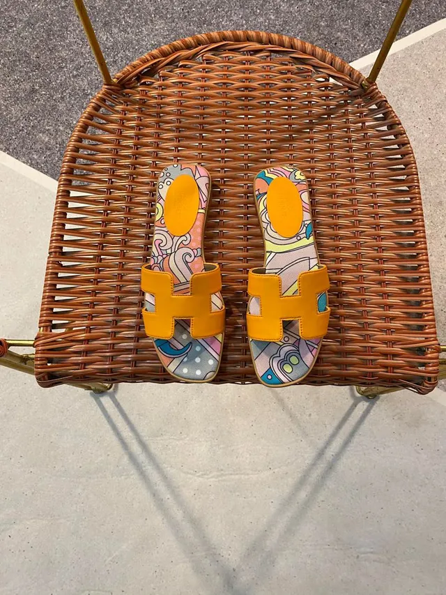 Hermès Orange Multicolor H-Strap Leather Printed Canvas Slippers 4