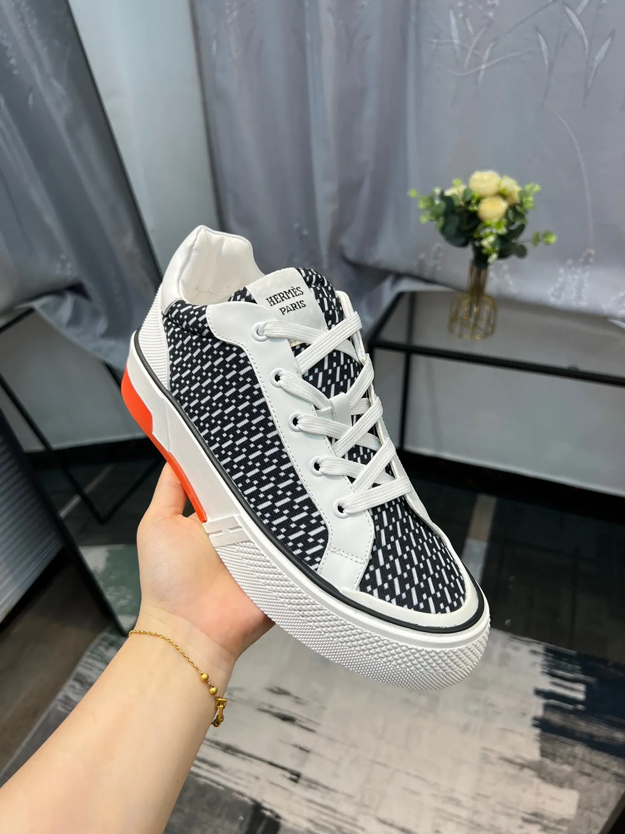Hermès Sneaker Black White Geometric Pattern Lifestyle Sneakers 6