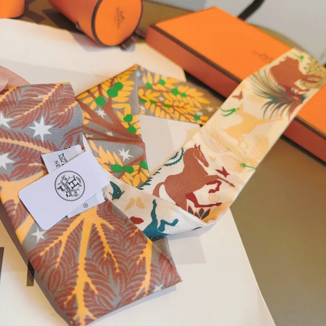Hermès Twilly Multicolor Fita Estreita Motivos Impressos Lenço de Seda 6