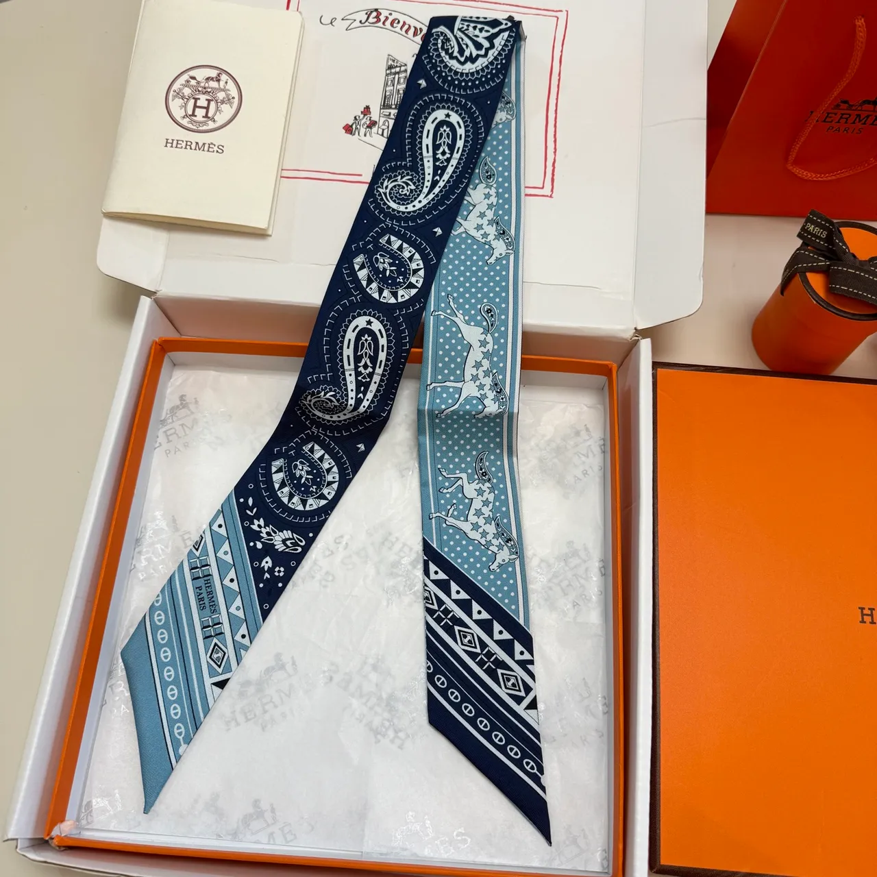 Hermès Twilly Écharpe Marine Blanc Étroit Motifs Paisley Et Équestres En Soie 7