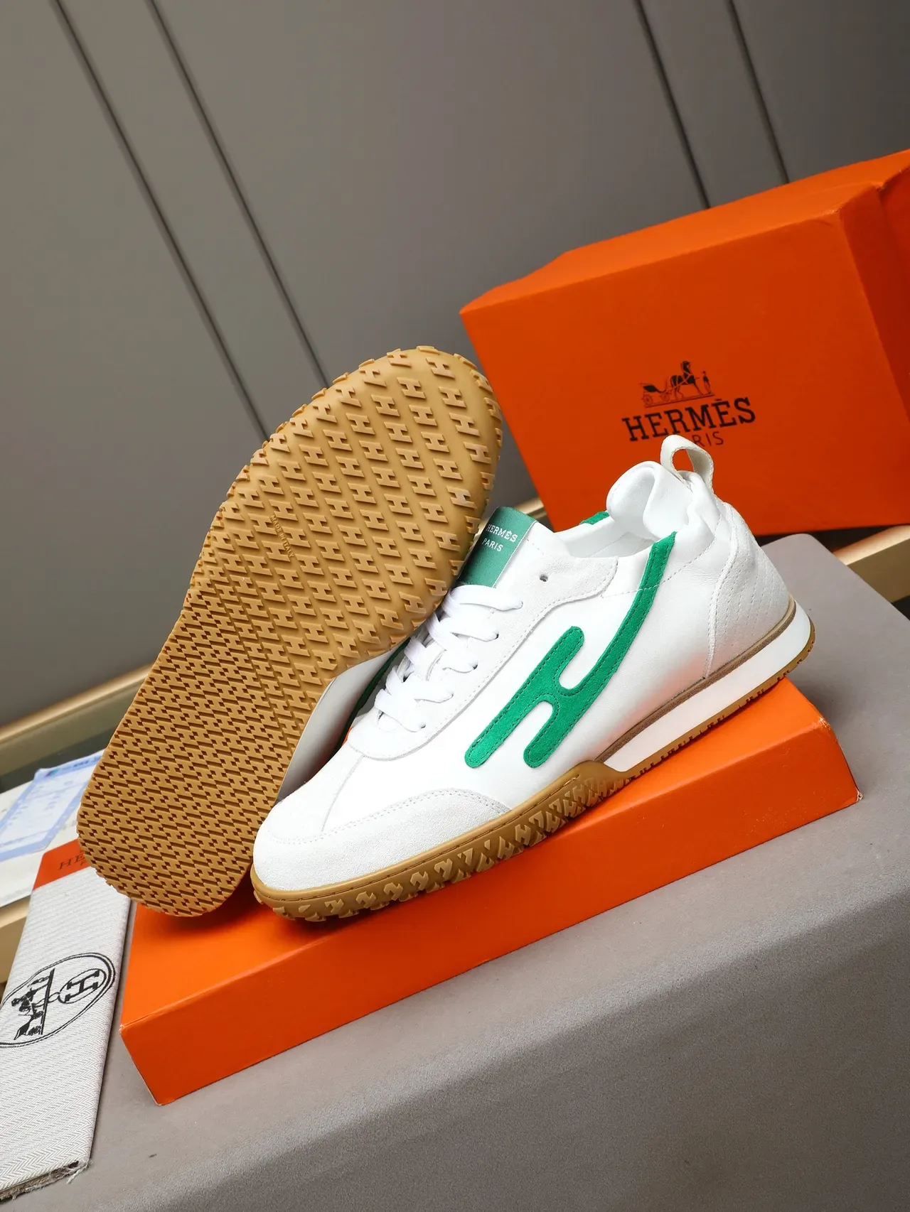 Hermès White and Green Logo Lifestyle Sneaker 4