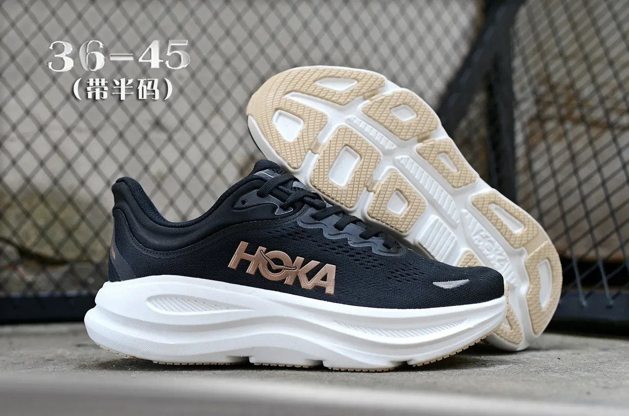 Hoka Tênis de Corrida Preto Dourado Malla Engineered Meia Sola Branca Grossa 6