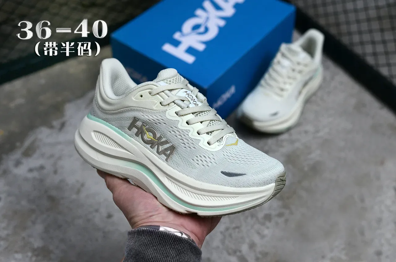 Hoka White Green Engineered Knit Upper Oversized Cushioned Midsole Running Shoes 3