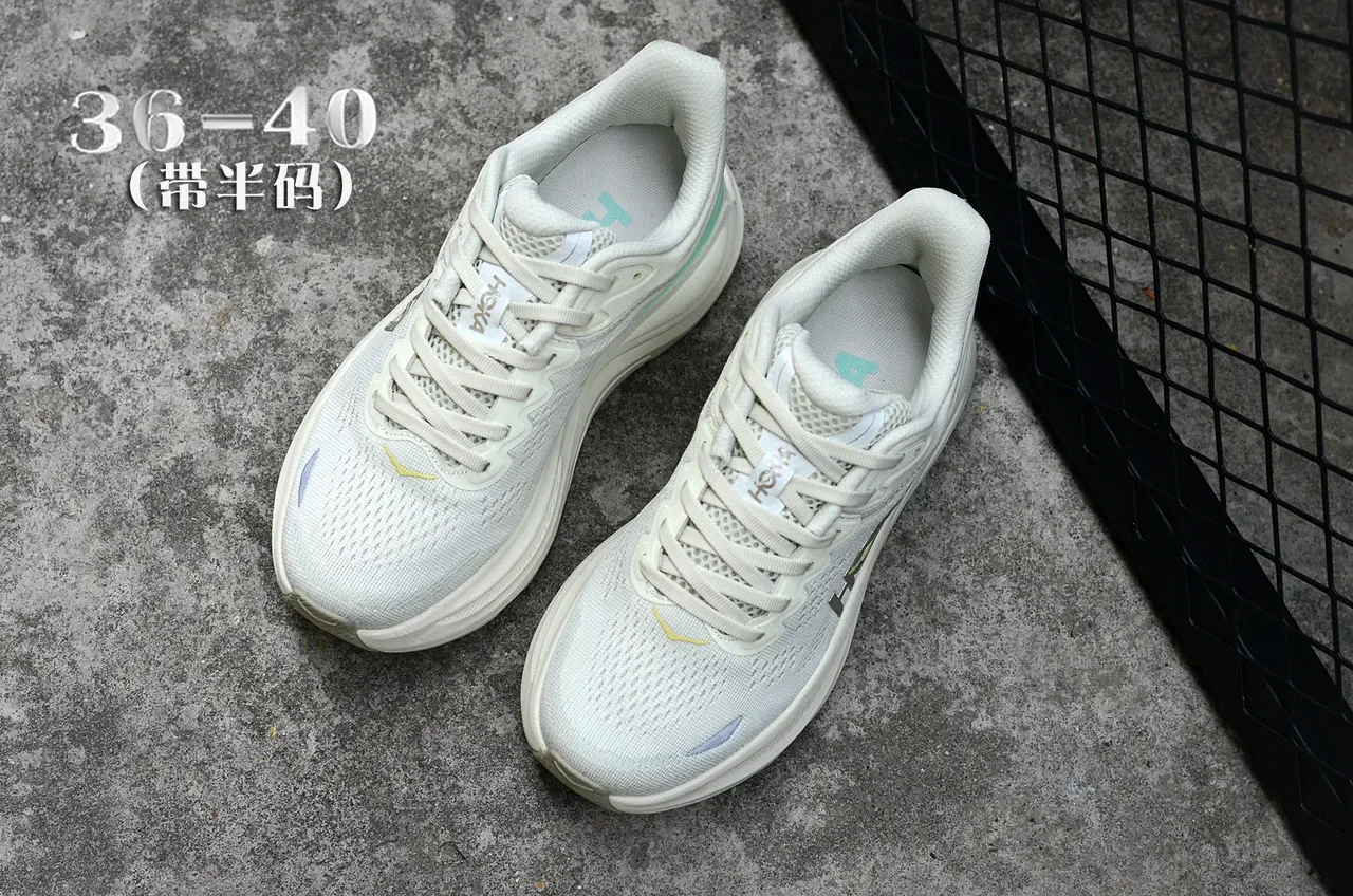 Hoka White Green Engineered Knit Upper Oversized Cushioned Midsole Running Shoes 4