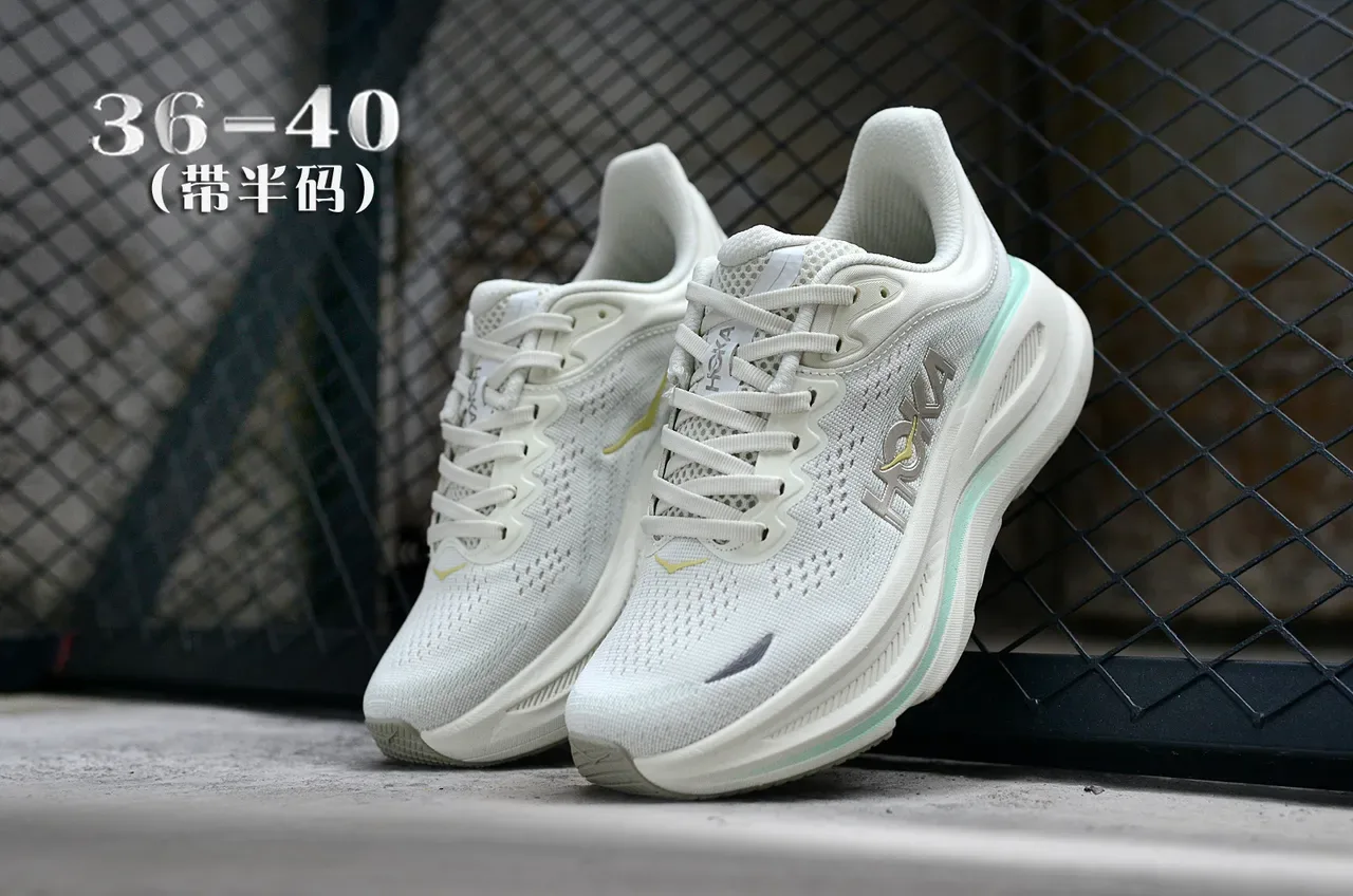 Hoka White Green Engineered Knit Upper Oversized Cushioned Midsole Running Shoes 5